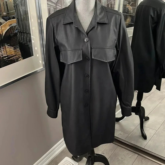 BRIAN BAILEY Faux Leather Dress Shacket Lined with Tie Belt, Size M - Picture 2 of 8